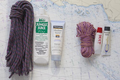 rope, DEET, suntan lotion